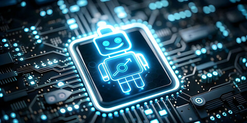 Close Up AI Chatbot Icon Computer Screen Macro Image Digital Customer Support Services Concept With Ample Copy Space For Text Display In Photo Stock Visuals