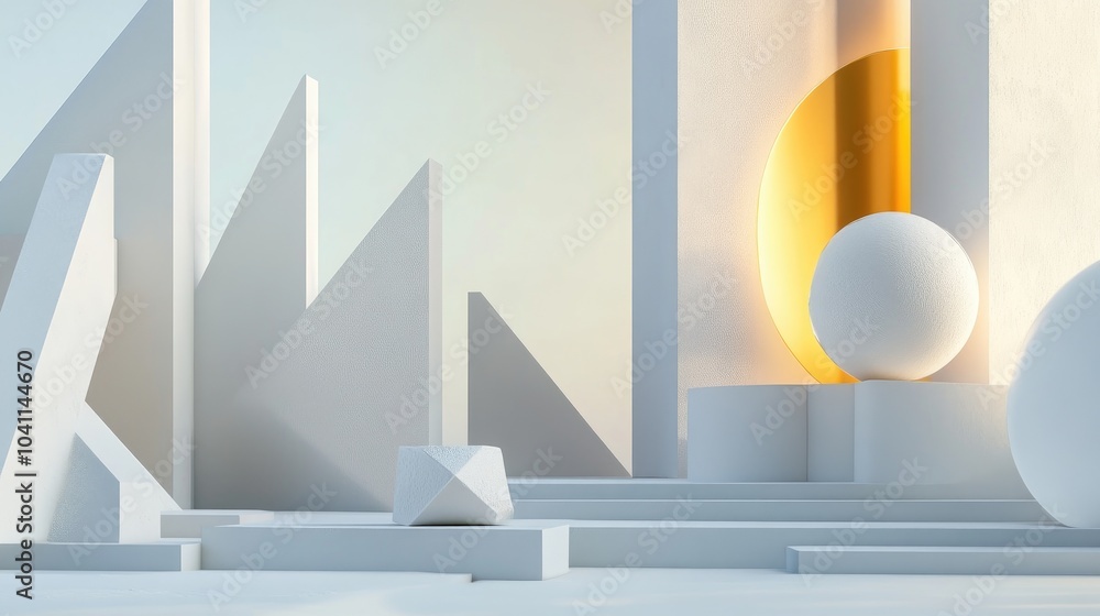Poster panoramic view of geometric forms set against an abstract white backdrop