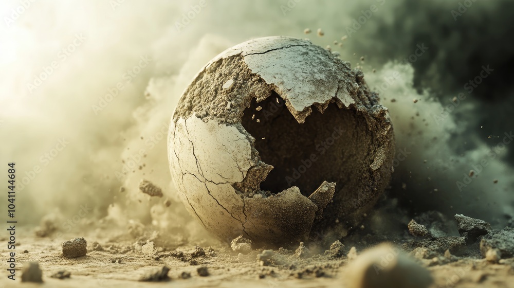 Poster fantasy 3d rendering of a cluster of sand particles creating a broken or fragmented globe or sphere