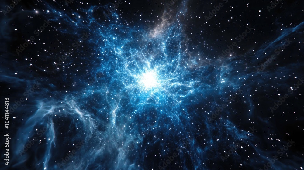 Poster 3d cartoon visualization of sparkling shiny blue star particles in motion against a black background