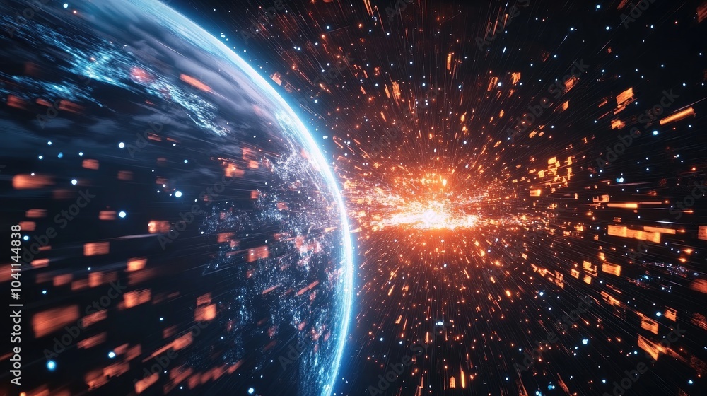 Poster abstract flight in space hyper jump illustration with earth in 3d cartoon rendering