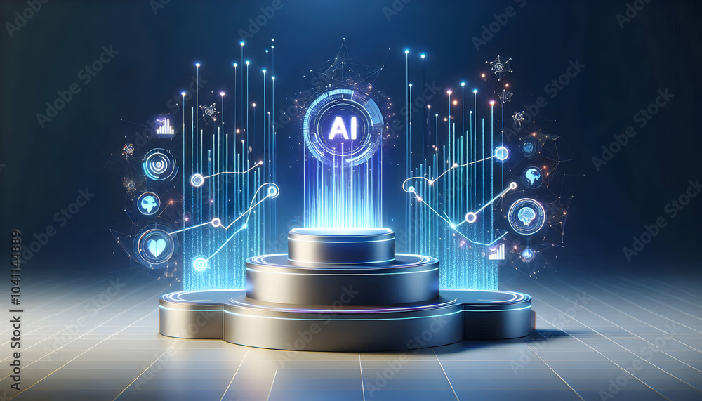Poster futuristic 3d podium design with floating ai data streams and glowing growth elements, ideal for bus