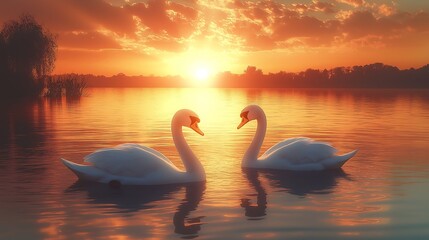 Fototapeta premium Two white swans face each other on a lake at sunset, with a fiery orange sky and reflection of the sun in the water.