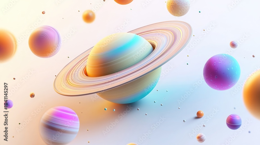 Poster 3d cartoon rendering featuring saturn s planets with rings and surrounding moons isolated on a white