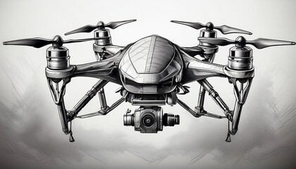 A detailed illustration of a quadcopter drone with a camera, showcasing its sleek design and advanced technology.