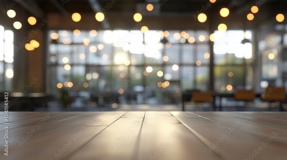 Poster 3d rendering of a blurred open office space with abstract light bokeh in the interior background