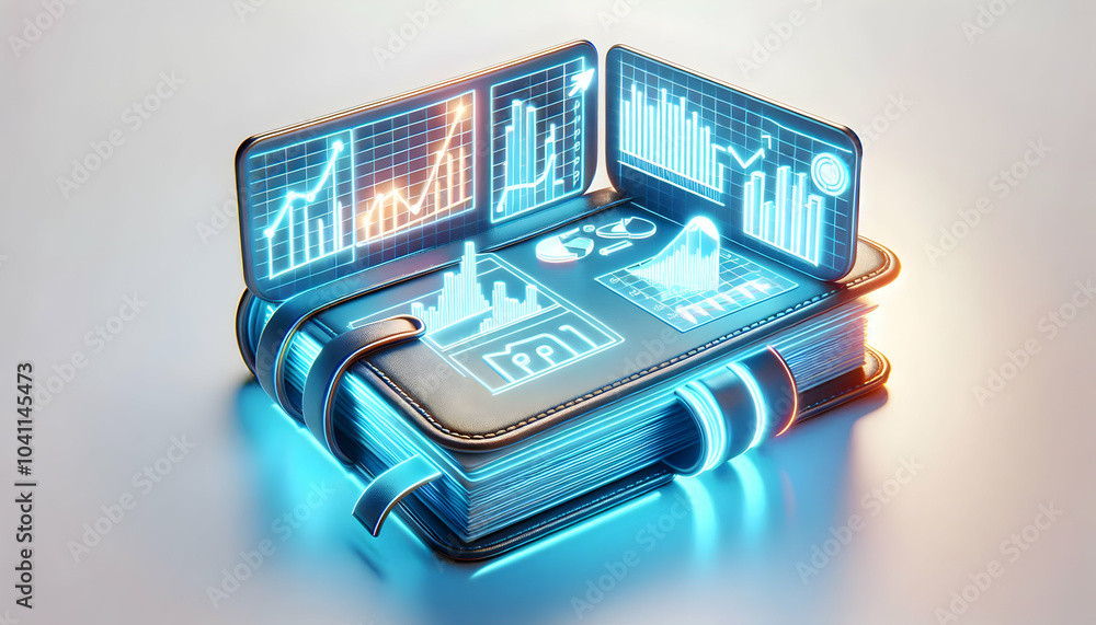 Poster 3d holographic notebook floating market budget charts concept glowing display iconic isolated white 