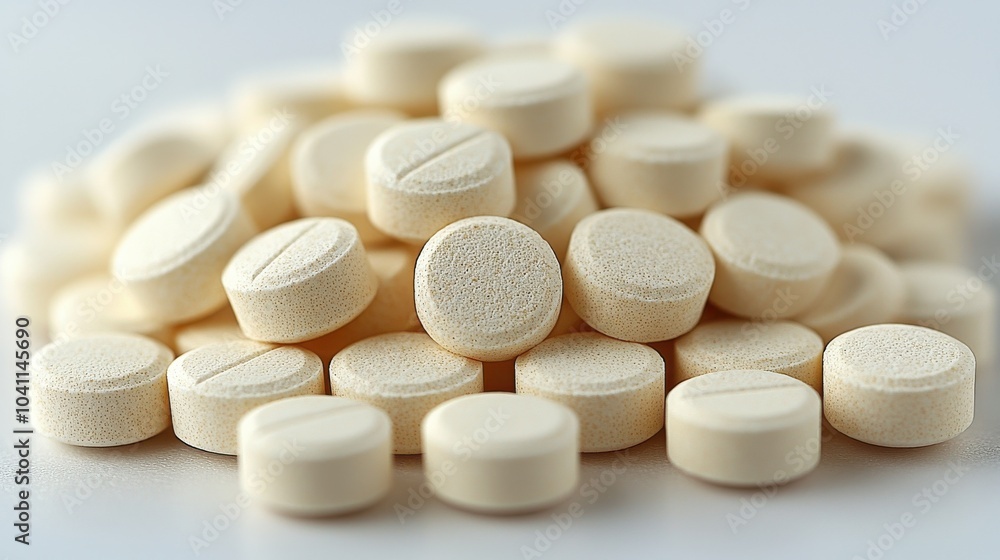 Poster white round tablets piled on a flat surface showcasing their uniform shape and color during a close-