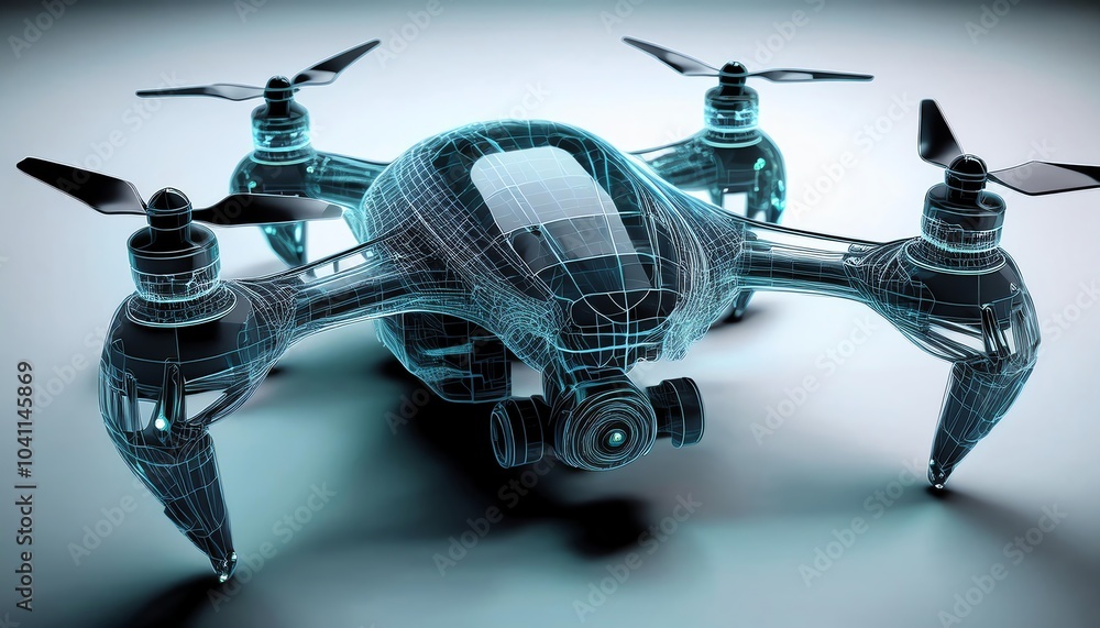 Poster a futuristic drone design is depicted with a wireframe structure, emphasizing its technological soph