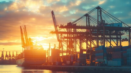 A modern port terminal bathed in morning light, where cargo is being loaded onto ships with cranes against a backdrop of a serene sunrise, Illustrating the efficiency of international commerce
