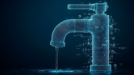 Minimalist glow mesh faucet with water drops symbolizing the critical issue of water scarcity and the need for sustainable water conservation efforts