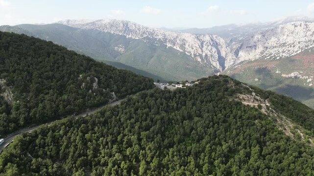 Drone view of famous road SS 125 in the Sardinian mountains.