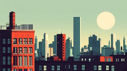 Minimalist flat-style cityscape, tall sleek buildings, vibrant colors and smooth lines, clear sunny sky, simple and geometric design, glass and steel structures, peaceful modern city view, hd quality.