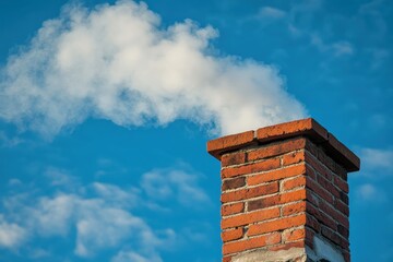 Old brick chimney with smoke rising against a blue sky, evoking warmth and home, perfect for cozy and rustic themes, highlighting tradition and comfort