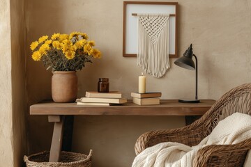 Warm ambient photo of a rustic desk featuring sunflowers, a candle, and macram? wall art for cozy home inspiration.
