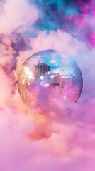 A vibrant scene featuring a reflective disco ball surrounded by pink and purple clouds, creating a dreamy, futuristic atmosphere.