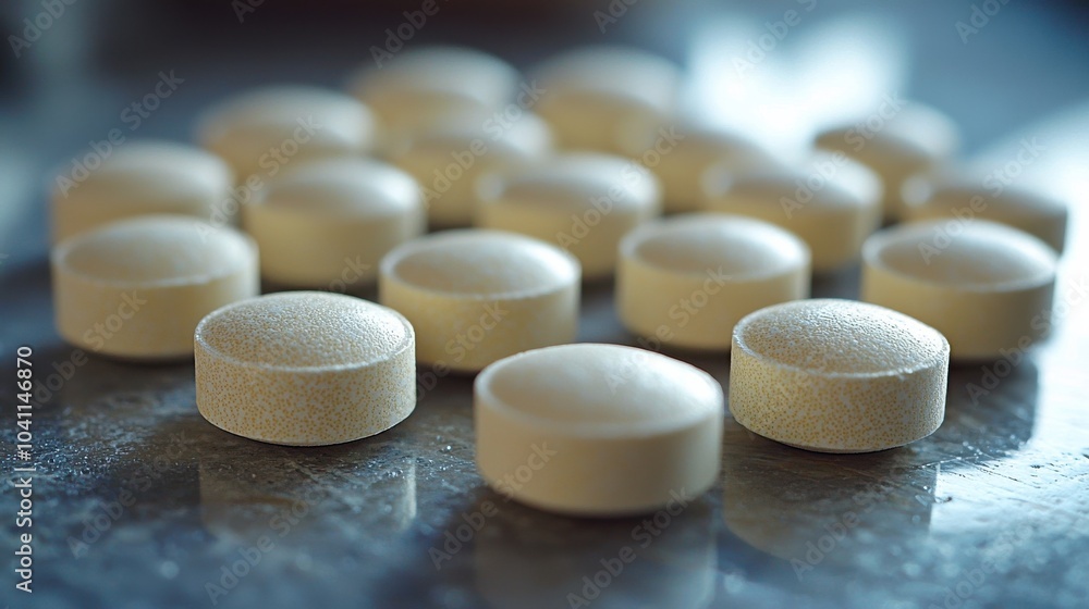 Poster close-up view of multiple white tablets arranged on a reflective surface in a well-lit setting durin