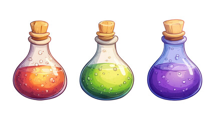 Set of potion bottles, mobile game assets set, 2D cartoon, transparent background