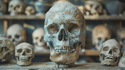 Close-up of a Human Skull in a Collection of Bones