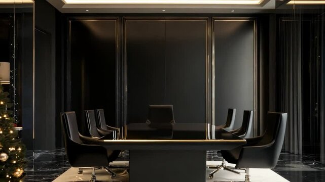 Christmas-themed meeting hall with elegant decor and a festive tree in a modern office space