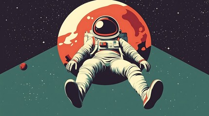 Minimalist space scene, astronaut floating near a colorful planet, distant stars and galaxies, clean lines and simple geometric shapes, bright colors contrasting with dark space,