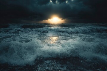 Obraz premium Dark Clouds and Waves Crashing on a Stormy Sea at Sunset