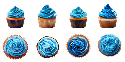 Assorted cupcakes with blue frosting on a white isolated background.