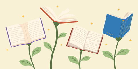 Books with tree. Banner of Education and knowledge vector concept. © solthanya