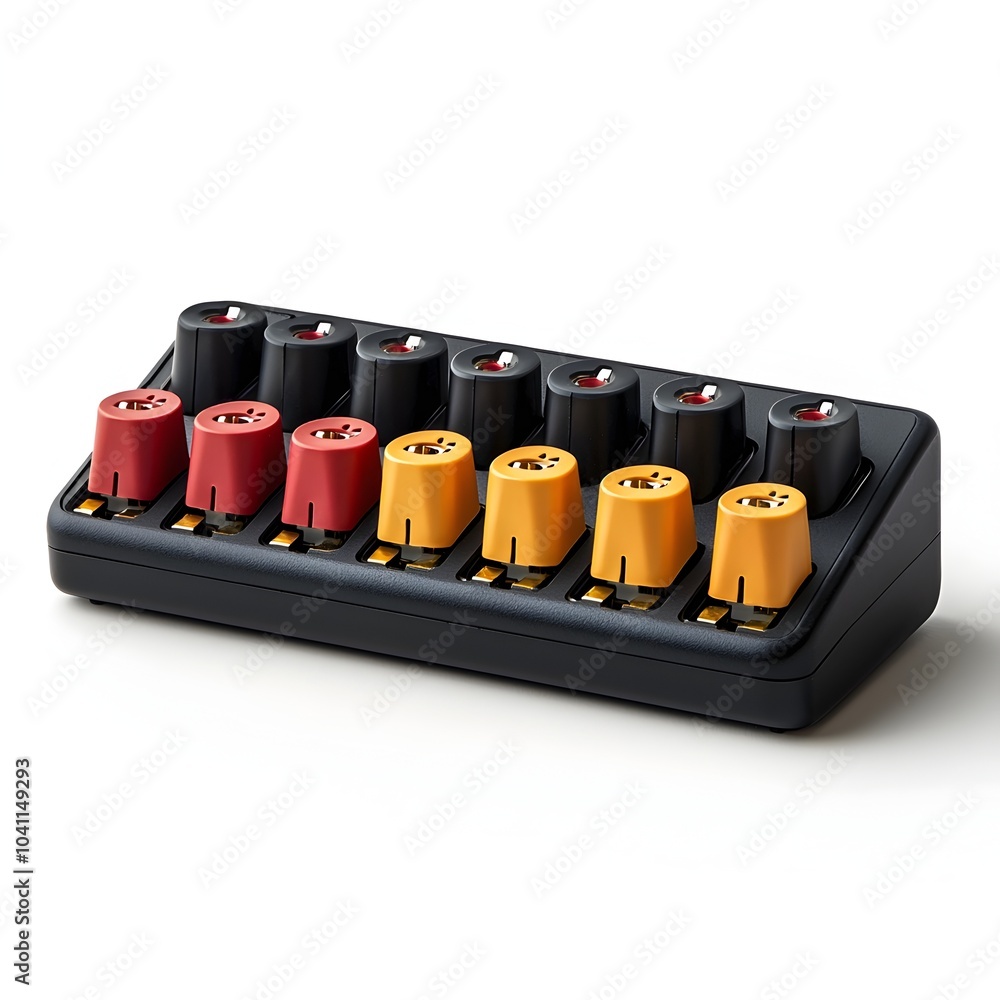 Poster power strip with multiple electrical plugs arranged neatly on isolated white background concept for 