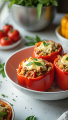 Stuffed bell peppers with quinoa, cheese, and herbs on white plate