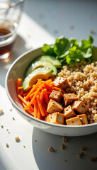 Tofu poke bowl with quinoa, avocado, and carrots