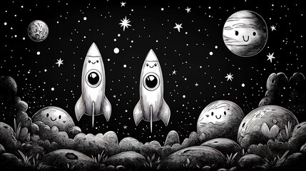 Fun black and white handdrawn coloring page for kids with a space adventure theme including rockets astronauts and planets with smiling faces sparking imagination and creativity