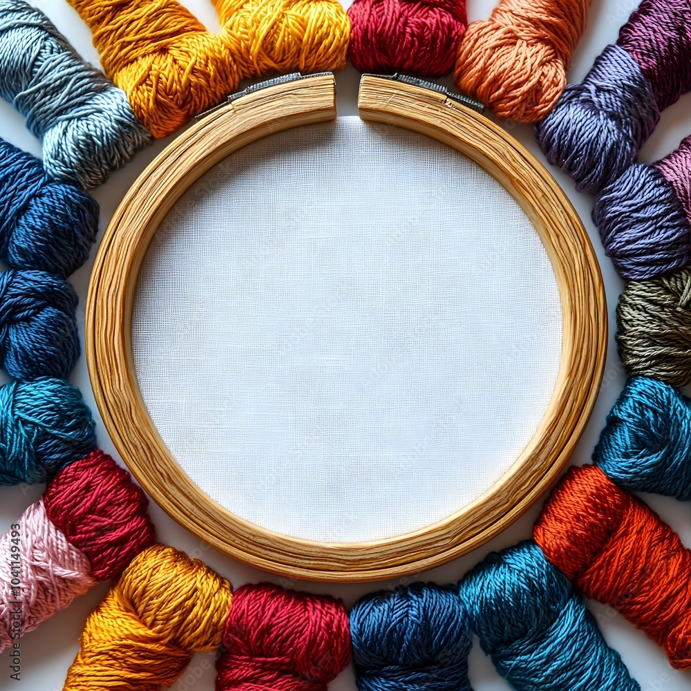 Poster a close up of a colorful embroidery hoop filled with a variety of vibrant threads and floss against 