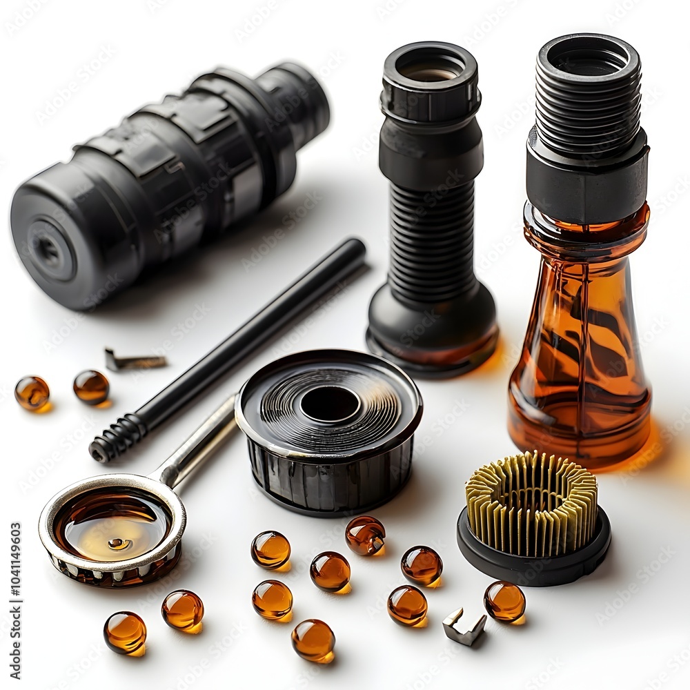 Poster close up overhead view of essential oil change tools including oil filter and funnel arranged on a c