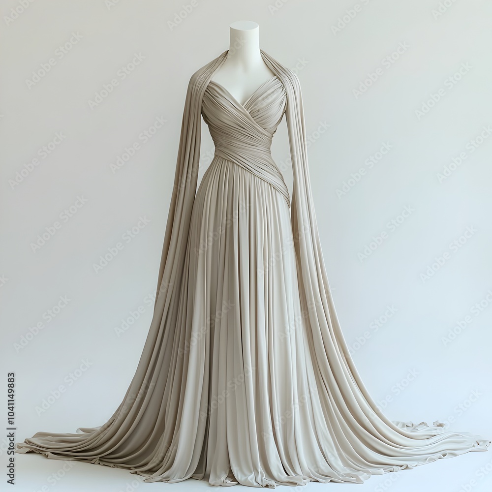 Poster depiction of a mannequin form draped in flowing fabric set against a clean white background creating