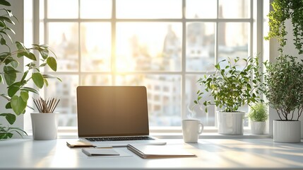 Fototapeta premium Sleek Minimalistic Workspace with Laptop and Notepad