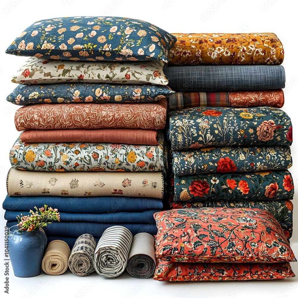 Poster minimalist composition of various fabric sewing patterns shapes and textile elements arranged on a c