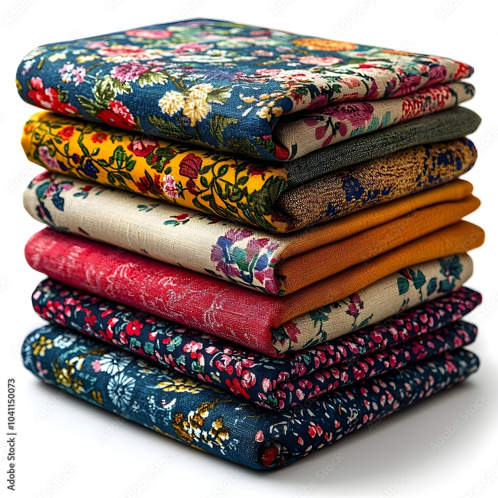 Poster close up view of an assortment of various fabric pieces displaying sewing patterns textures and desi