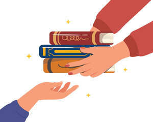 hand holding a stack of books. Sharing book for education, give knowledge to people. Second hand books.