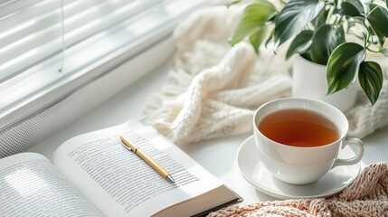 Minimalist Study Desk with Tea and Book Arrangement