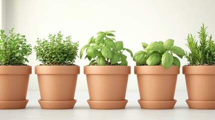 Fototapeta premium A collection of vibrant green herbs in terracotta pots, perfect for home gardening and culinary inspiration in modern interiors.