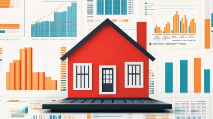 Obraz premium A colorful house model on a laptop with various financial charts, symbolizing real estate analytics and market trends.