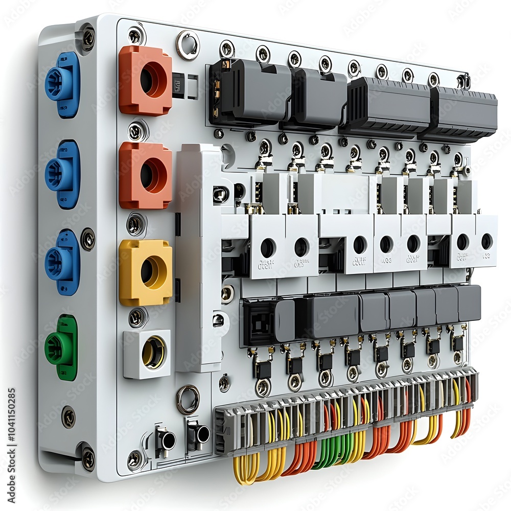 Poster closeup vertical view of an electrical junction box with various wires and cables connected in an in