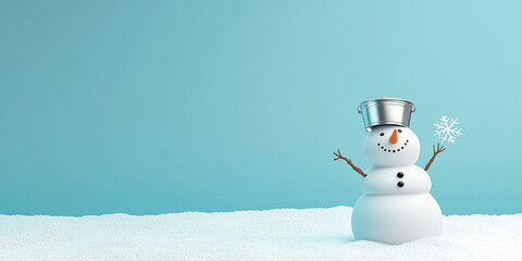 Weihnachtsschneemann mit silbernem Eimer auf dem Kopf. Schneemann im Schnee mit weißen Schneeflocken. Realistischer 3D-Cartoon-Stil. Winterweihnachtshintergrund. Postkarte Einladung Werbung