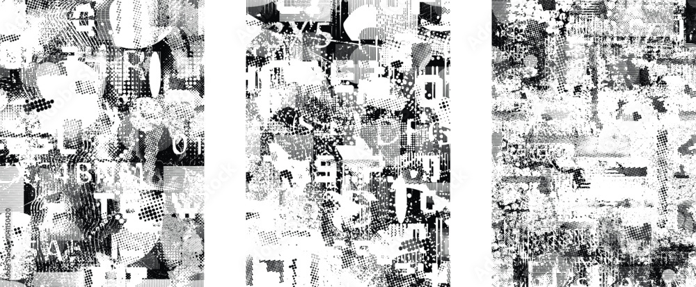 Aufkleber Set of glitch distorted grunge overlay textures. Collection of overlaying textures with halftone dots, scratches and lines .Screen print vector layers pack. Overlays with grunge textured surface