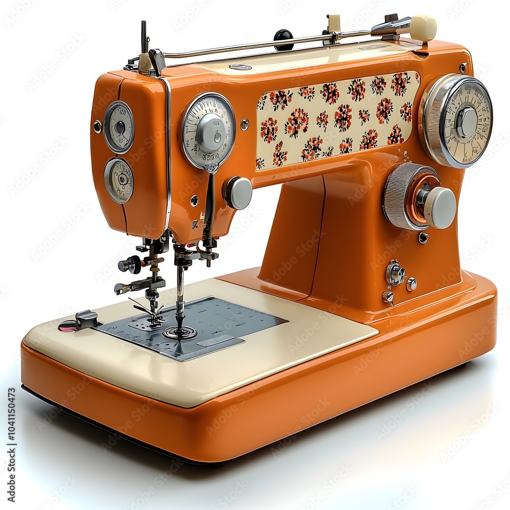 Poster close up view of a sewing machine with colorful fabric and threads arranged on a clean white backgro