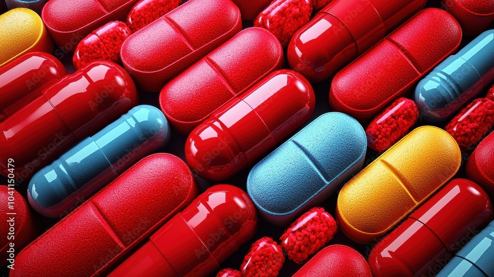 Poster a close-up view of various colorful capsules and tablets scattered on a surface, highlighting their 
