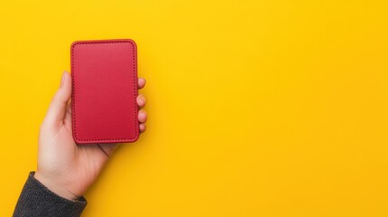 A hand holding a bright red wallet against a vibrant yellow background, showcasing modern design and color contrast.