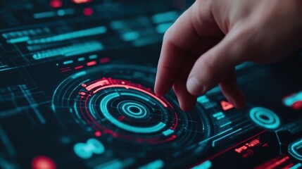 Obraz premium A hand interacts with a futuristic digital interface, showcasing advanced technology and interactive design.