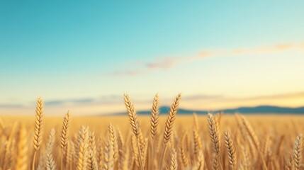 Fototapeta premium A serene landscape featuring golden wheat fields under a clear blue sky, perfect for agricultural or nature-themed projects.
